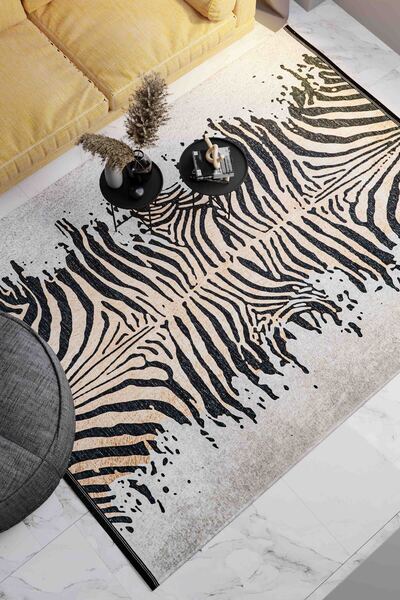 Oriente Home Zebra Desenli Yıkanabilir Kaymaz Taban Şönil Gri Salon Halısı 7179