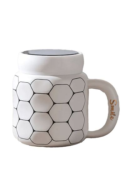 PUFO Cană ceramică Simply Smile cu capac pentru cafea sau ceai, 400 ml, albă