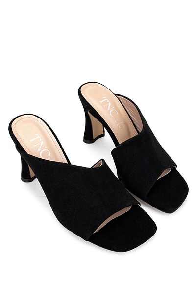 Tamer Tanca Women's Genuine Leather Black Suede Heeled Slippers