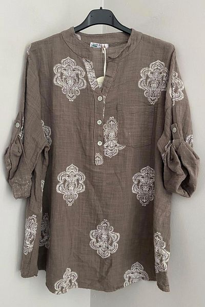 AYASOFYA OTANTIK Women's Italian Mink Ethnic Tile Patterned Button Detailed Folding Orphan Sleeves 100% Cotton Blouse