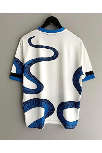 Baycombine35 Erkek Beyaz Yılan Desenli Inter Oversize Bisiklet Yaka Tshirt