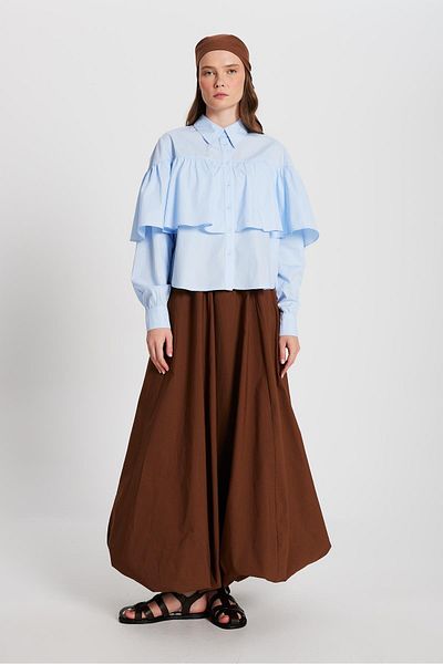 minaaise Cămașă de damă, albastră, din bumbac, cu volane, cu croială largă 29136