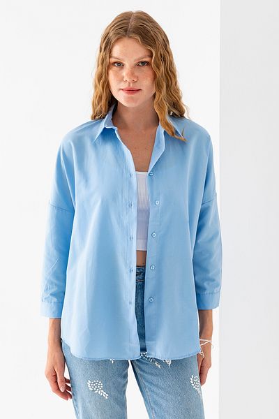 GİYSA Cămașă oversize din bumbac de bază cu mânecă lungă, albastru gheață - 3900