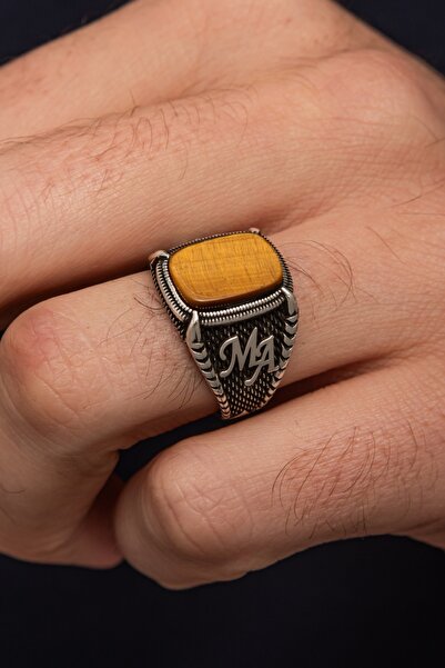 ALYANSEVİM Kaplan Gözü Taşlı Harfli 925 Gümüş Yüzük