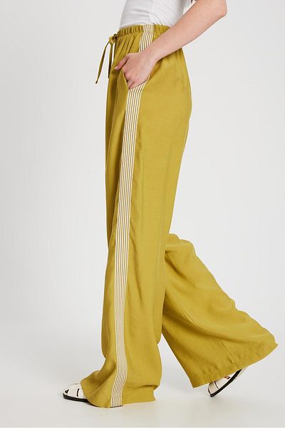minaaise Women's Oil Green 100% Modal Loose Cut Side Striped Trousers 29139