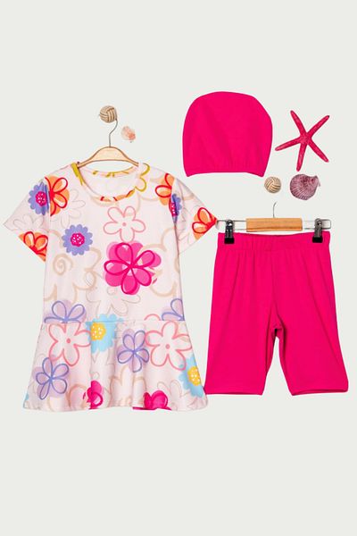 İYİBU Girl's 3-Piece Floral Patterned Lycra Swimsuit Set (Dress, Tights, Bonnet)