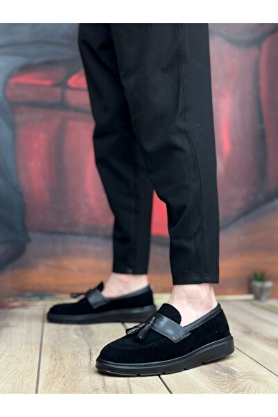 pabucmarketi Laceless Tasseled Men's Shoes Black Suede (Black Sole)