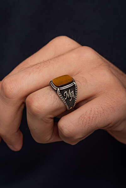 ALYANSEVİM Kaplan Gözü Taşlı Harfli 925 Gümüş Yüzük