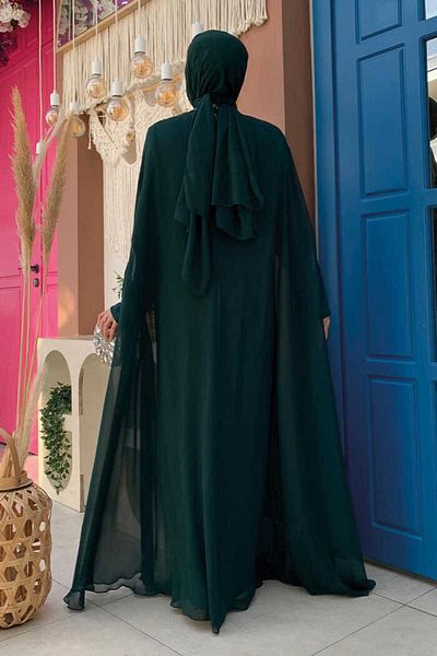 Bym Fashion Stone Processing Detailed Dress Cape Suit 3875 Emerald