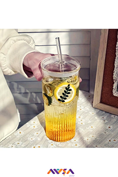 AVŞA Global زجاج ماكياتو، زجاج بغطاء مع قش، زجاج قهوة، مقاوم للحرارة