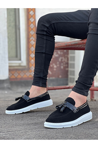 pabucmarketi Laceless Tasseled Men's Shoes Black Suede (White Sole)