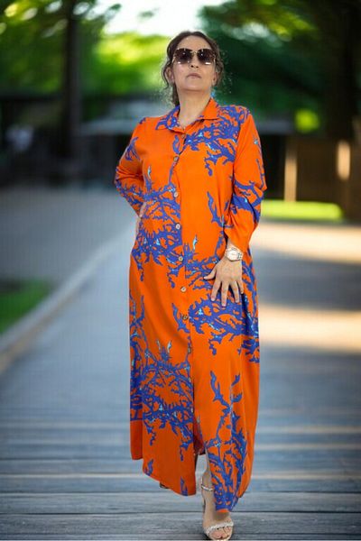 yagmurberen Front to Back Buttoned Pocketed Three Quarter Sleeve Extra Large Size Cotton Viscose Dress