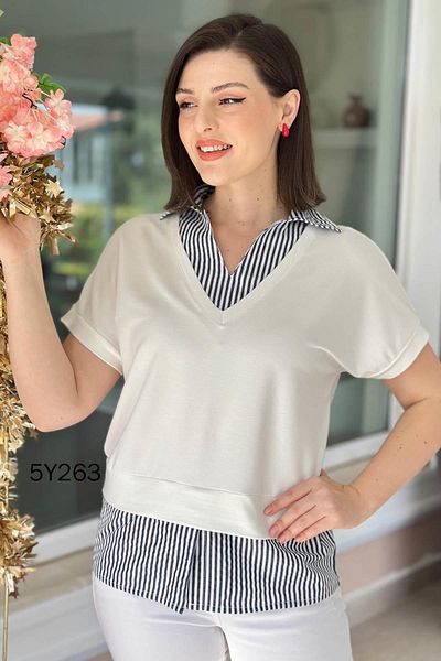 İnce Topuk Poplin Garnished Crystal Blouse 5Y263