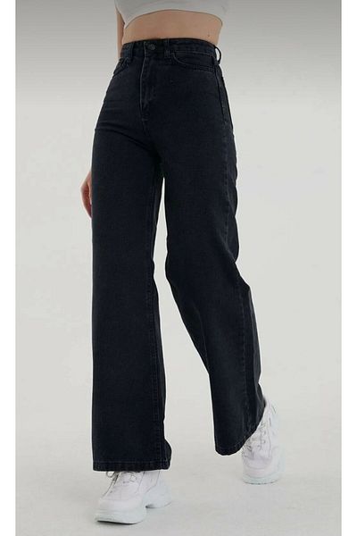 CİHAN PAPEL Extra High Waist Lycra Black Loose Palazzo Wide Leg Jean Trousers