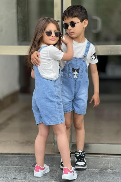 BEREKET BABY Unisex Stitch Embroidered Sister Combination – Girls & Boys Overalls Set (2-5 Years)