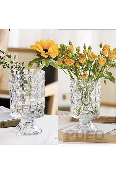 PUFO Vază decorativă elegantă de lux, din sticlă groasă, cu picior pentru flori, 18 cm