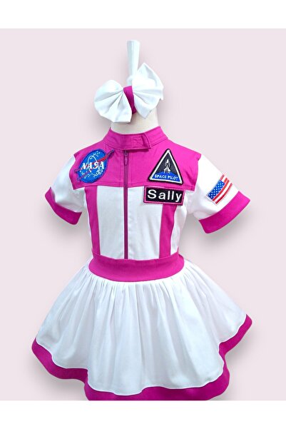 Mum Design Gifts FUŞYA ŞERİTLİ BEYAZ ASTRONOT ELBİSESİ