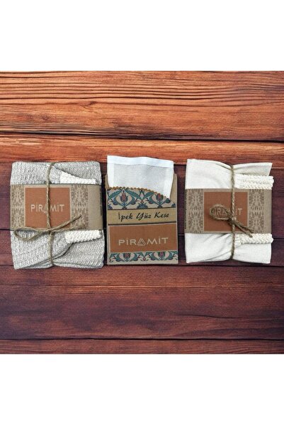 PİRAMİT 3'Lü Banyo Seti Lastikli Vücüt Kese, İpek Yüz Kese ,Lastikli Keten Lif