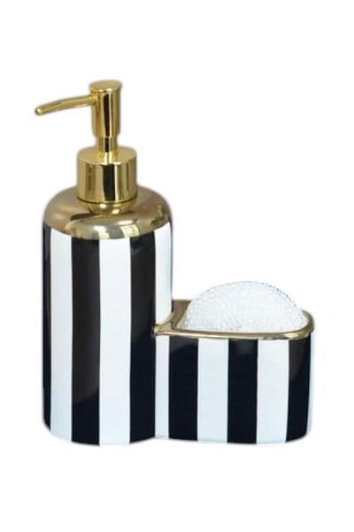 ALBETTO Porcelain Liquid Soap Dispenser with Sponge Holder Compartment 400ml Black Gilded 40129