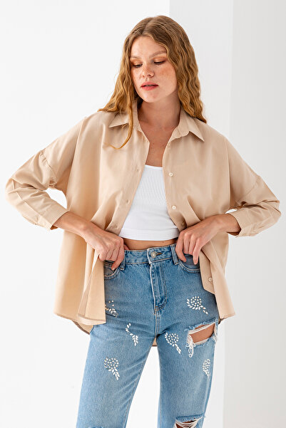 GİYSA Női bézs hosszú ujjú Basic pamut oversize ing - 3900