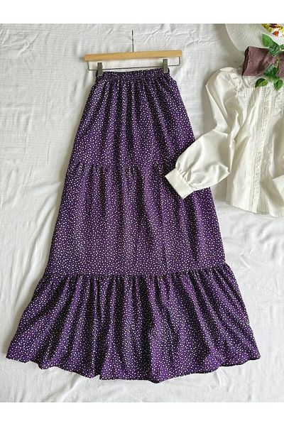 Namaste Vintage Purple Small Floral Long Viscose Skirt with Elastic Waist (S/M/L Size Available)