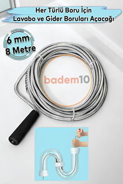 Badem10 Pratik Lavabo Açıcı Banyo Evye Açma Teli Gider Boru Açıcı Tıkanıklık Giderici Teli Susta 8 METRE