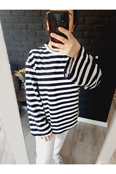 ALVWOMAN سترة منشفة مخططة باللون الأزرق الداكن