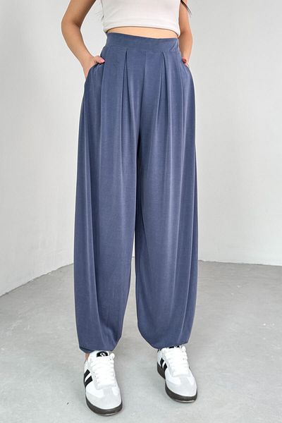 Cappmoda PNT-07417 Pantaloni largi cu talie elastică albastră