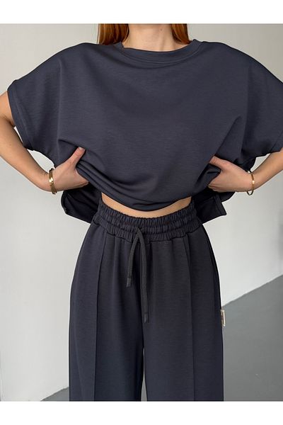Cappmoda TKM-1111 Navy Blue κοντομάνικη μπλούζα Çimalı Loose Palazzo Bottom Διπλό Σετ
