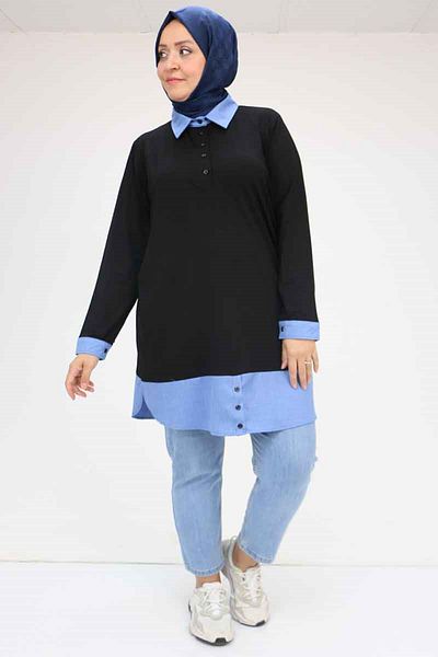 Eslina 58035 Large Size Combination Combed Cotton Tunic - Black