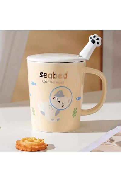 PUFO Ceramic mug with lid and Pufo Love Kitty spoon for coffee or tea, 250 ml, yellow