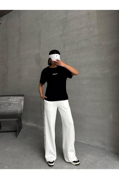Cappmoda Tkm-0049 White Original Text Injection Printed Crew Neck T-Shirt Waist Elastic Label Detail Snap