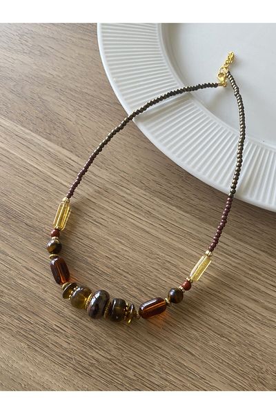 dela otantik Handmade Authentic Women's Necklace – Ceramic Stone Amber Glass Beads Ethnic Vintage Bijouterie Jewelry