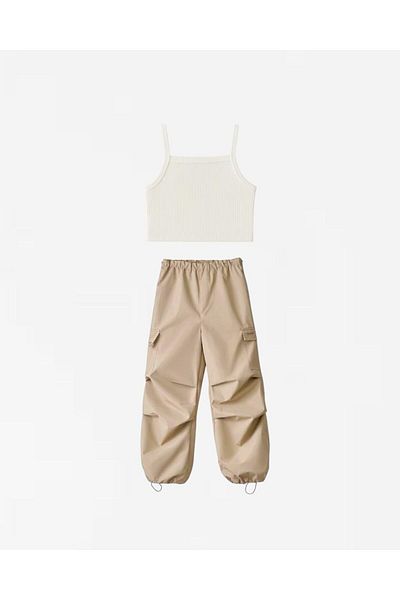 Magu Girl's Cotton Beige Cargo Pants Suit - Crop Tank Top