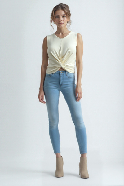 WESTMARK LONDON Cream Color Crew Neck Cotton Sleeveless Crop Women's T-Shirt Tiana S/L Top