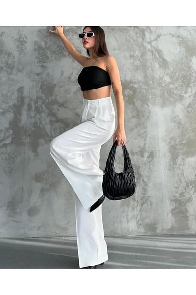 AsiaLife White Palazzo High Waist Pleated Fabric Pants