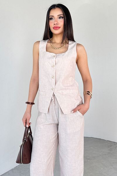 Cappmoda TKM-13275 Μπεζ τετράγωνο γιακά γιλέκο δεμένο παντελόνι λινό Σετ δύο τεμαχίων
