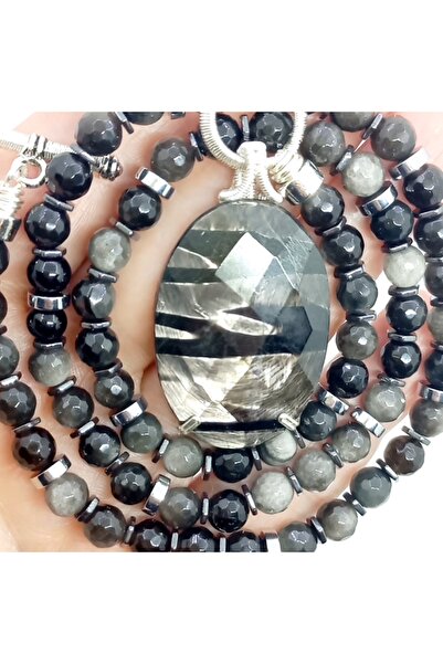 Sibelce 2267 Hypersthene gümüş Obsidyen el yapımı kolye