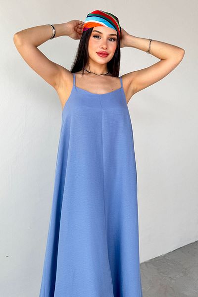Cappmoda ELB-2975 Rochie albastră cu bretele ajustabile de lungime midi