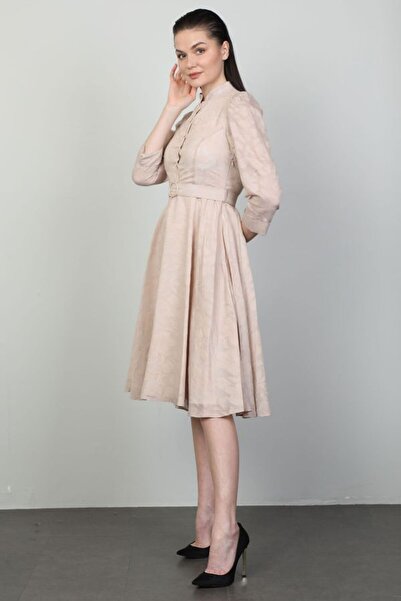 Bonesti Stylish Midi Beige Dress with Judge Collar and Belt Detail