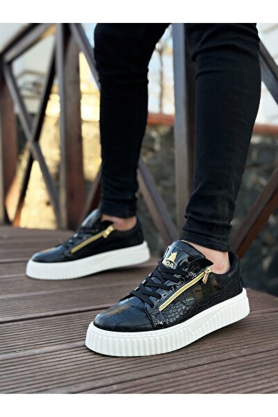 pabucmarketi Lace-Up Double Zipper Men's Shoes Black (White Sole)