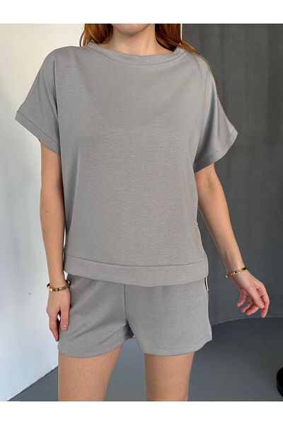 Cappmoda Tkm-0021 Painting Gray t Sleeve Model Bicycle Collar T-Shirt Waist Elastic Rope Tied Pocket Shorts Duo Jewelry