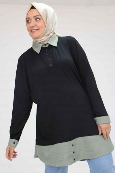 Eslina 58035 Large Size Combination Combed Cotton Tunic - Black-Nefti