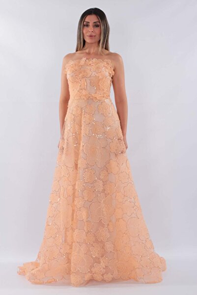 aşkın göksu Ten Straplez Yaka Üç Boyutlu Lazer Gül Kesimli Dantel Kadın Abiye