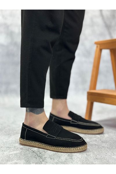 pabucmarketi Laceless Natural Leather Powder Rubber Handmade Espadrille Men's Shoes Black
