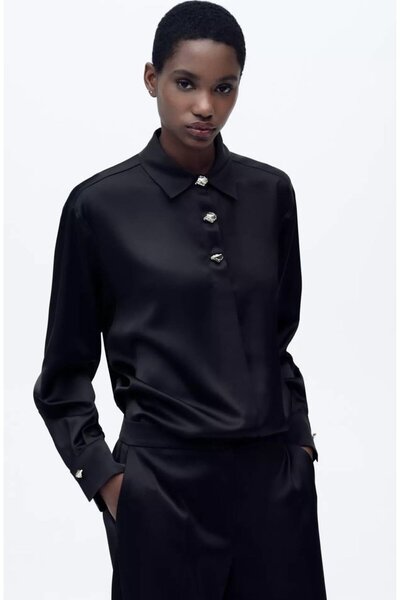 Glysso Kadın Özel Tasarım Taş Detaylı Siyah Oversize Saten Gömlek
