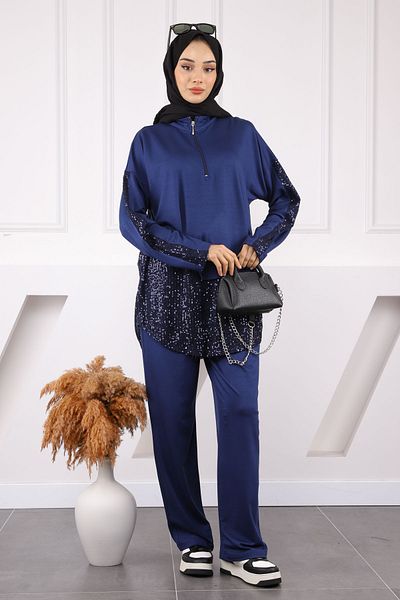 İmajButik Σετ παντελόνι με λεπτομέρεια τουνίκ Navy Blue Sequin