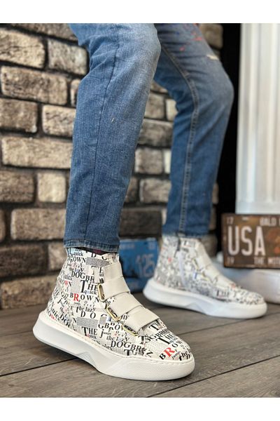 pabucmarketi Banded Zippered Men's Sports Boots White Printed (White Sole)