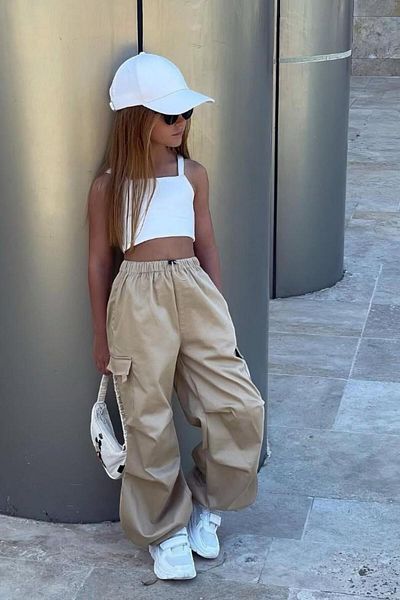Magu Girl's Cotton Beige Cargo Pants Suit - Crop Tank Top