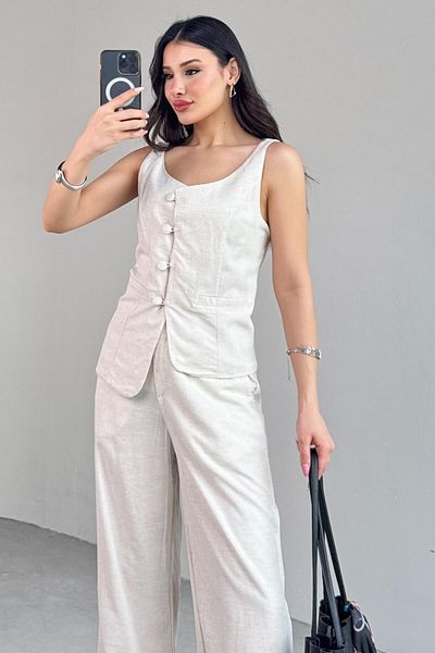 Cappmoda Tkm-13277 Stone Color Round Neck Vest Palazzo Pants Set of Two